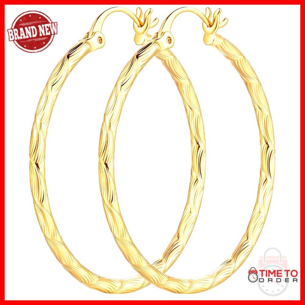 14K Gold Plated Hoop Earrings 35mm Hypoallergenic Clip Clasp